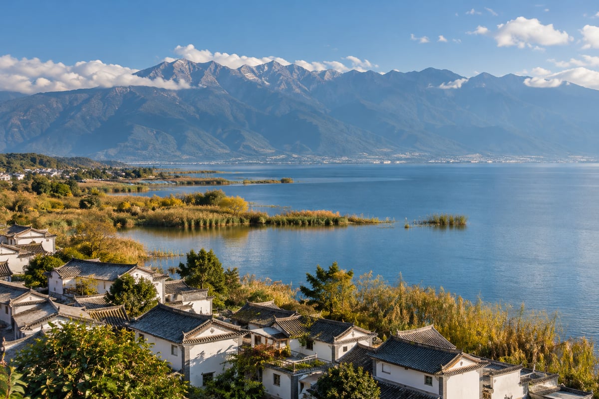 目的地大理 · 生成主题配图 目的地大理:洱海岸边与远处山景(主题配图)