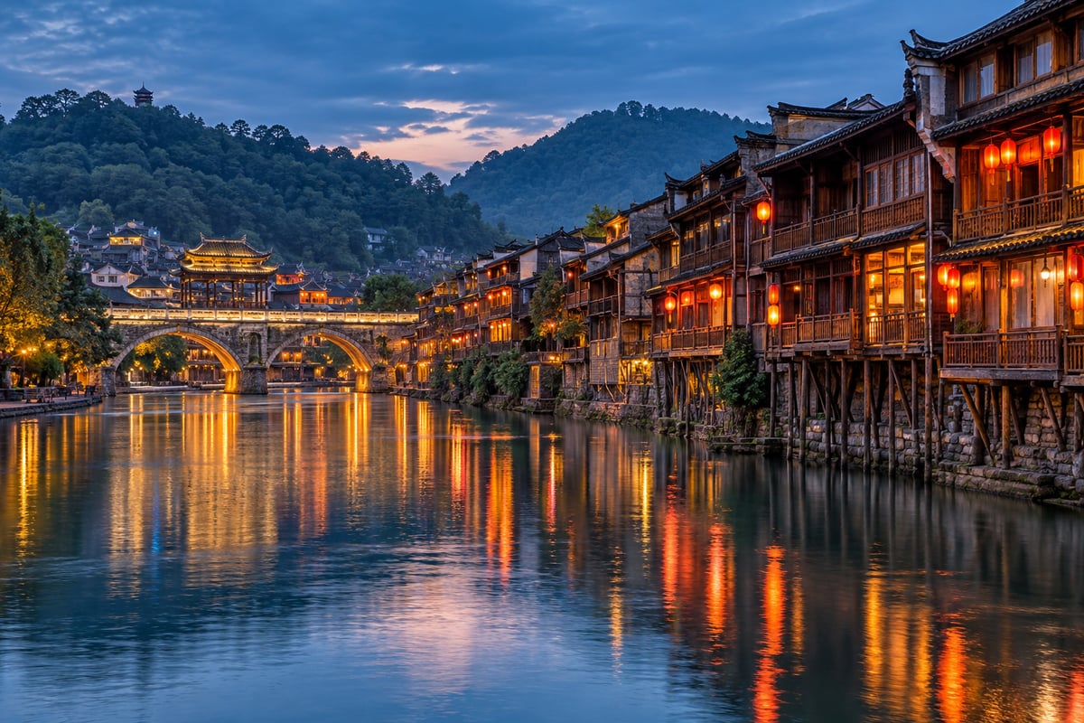 临河古镇灵感 · 生成主题配图 临河古镇灵感:临河古镇木楼与石桥(主题配图)